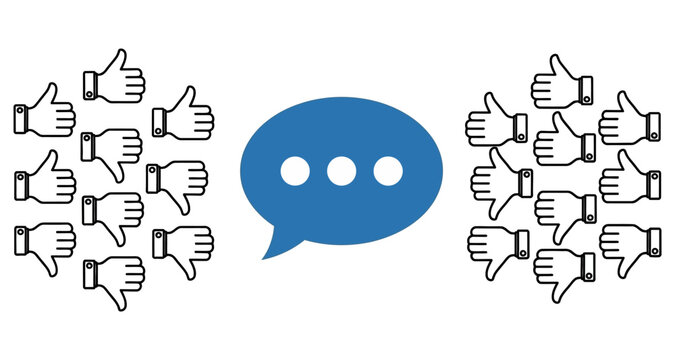 Social media feedback with positive and negative reactions surrounding a speech bubble