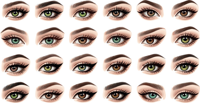 Female eyes collection with different shapes and makeup styles, realistic beauty vector illustration set for cosmetics and fashion design