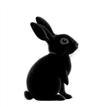 curious black rabbit sitting in profile with soft fur, erect ears and a bright reflective eye on a clean white background