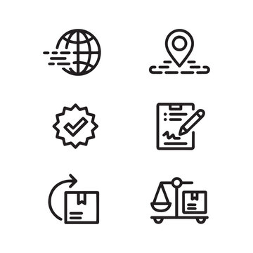 Logistics and supply chain line icons set, global shipping and delivery service symbols, 6 vector icons for distribution and export business