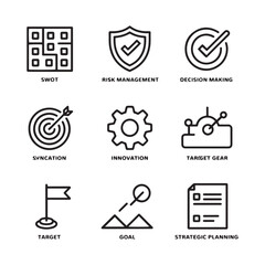 Fototapeta premium Business strategy line icons set, 9 professional management vector symbols, strategic planning and risk management icons for corporate presentations