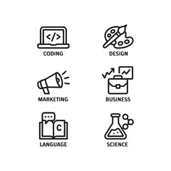Fototapeta premium Minimalist business icon set, 6 black line icons for coding design and marketing, professional science and language education symbols vector