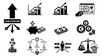 Fototapeta premium Financial Icons: Cash Flow, Investment, Growth, Savings, Expenses, Analysis