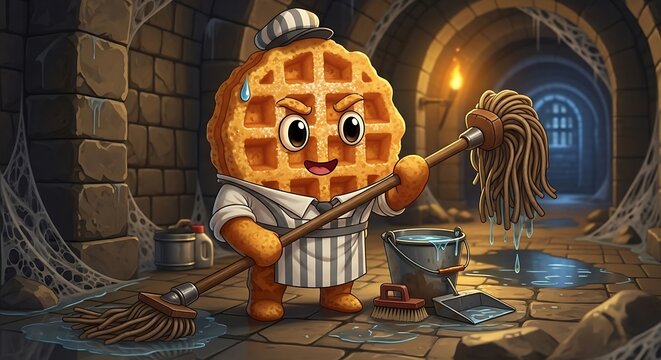 A cartoon waffle character dressed as a janitor, mopping a stone dungeon floor, complete with a bucket of water and a flame
