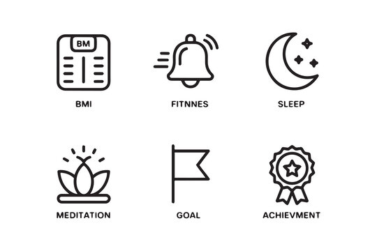 Minimalist fitness and wellness icon set, 6 black line vector symbols for health tracking, BMI meditation and sleep goal icons