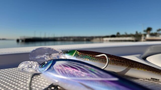 Hard bait lures sitting on a boat deck