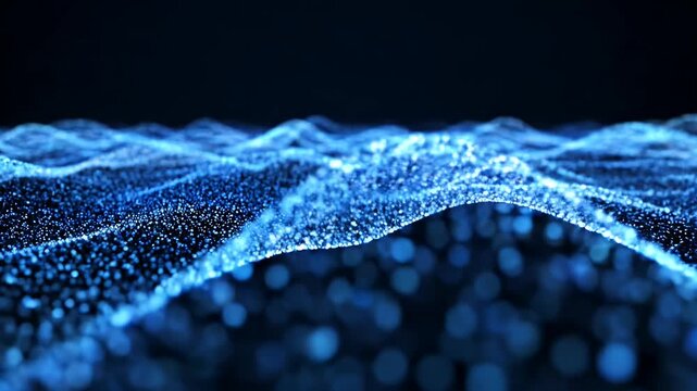 Blue Particle Waves on Black Background - A mesmerizing field of blue particles forms dynamic, undulating waves set against a deep black backdrop.