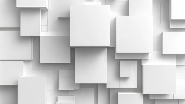 overlapping white 3d squares and rectangular blocks with soft shadows forming a calm minimal geometric pattern