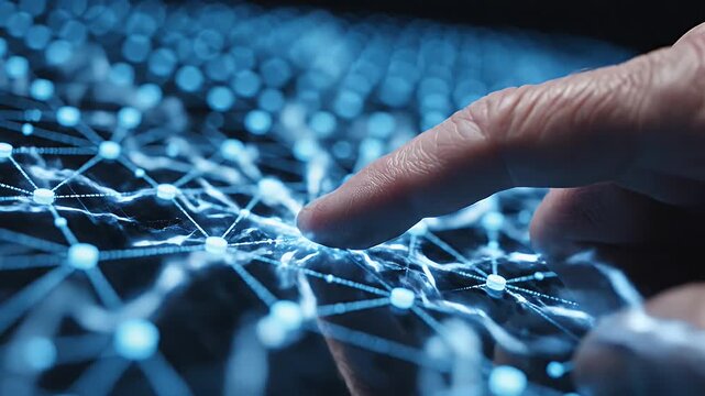 Touching a Glowing Digital Network - A finger gently taps a glowing blue digital network of interconnected nodes and lines, symbolizing technology and connectivity.