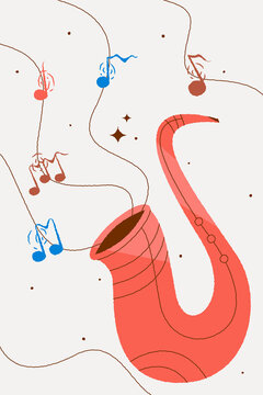 Stylized saxophone with musical notes and flowing lines expressing smooth jazz melody.