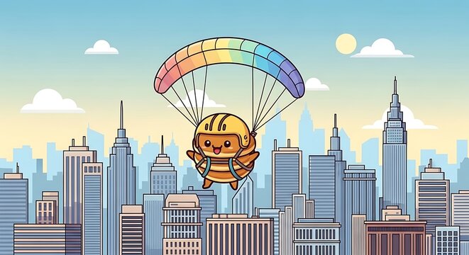 A cartoon bee wearing a helmet parachutes over a city skyline with a colorful rainbow parachute. The sun shines above