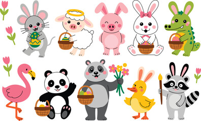 Fototapeta premium Cute animals with Easter baskets set, cartoon characters celebrating spring holiday illustration