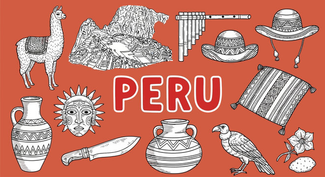 Peruvian culture and travel symbols collage.