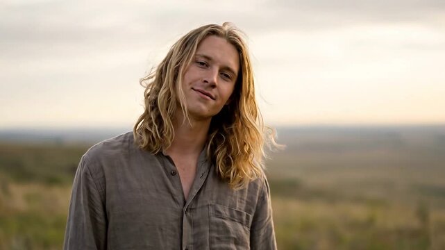 Man with long blond hair outdoors, wearing casual shirt, smiling gently in serene countryside at sunset, calm and thoughtful in natural light