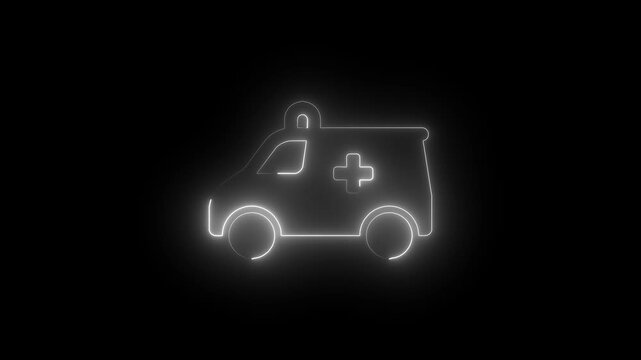 Glowing neon ambulance animation on black background, for medical and, emergency services healthcare