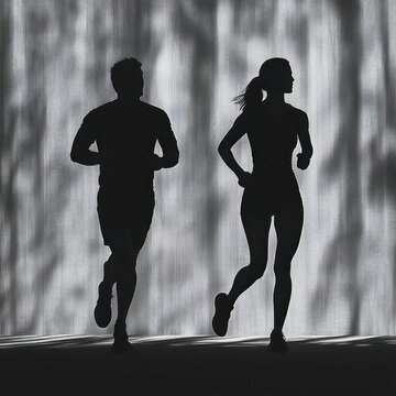 silhouettes of a male and female runner side by side in motion against a dramatic textured backlit backdrop, conveying focus, determination, and shared athletic drive