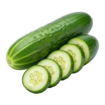 Whole cucumber and sliced pieces on white background with cucumber vegetable ingredient vitamins