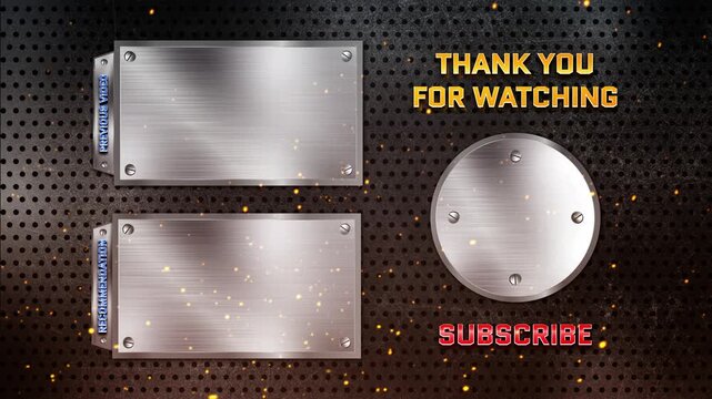 Dark cinematic metal grid outro screen with dual rectangular placeholders and circular element featuring bold thank you for watching subscribe animation 4K 60fps