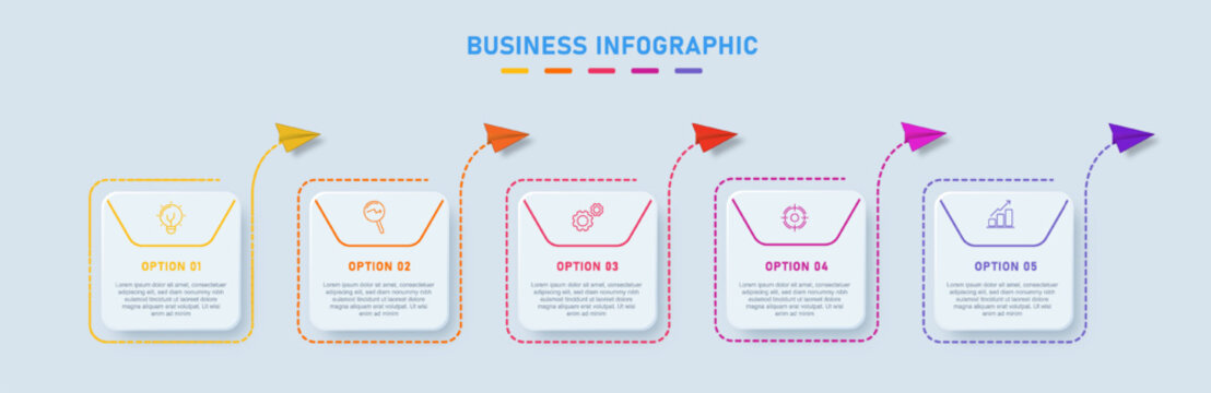 Modern business infographic template featuring 5 step workflow using folder tab style cards with dashed outlines and arrow indicators. Clean minimal design on light background