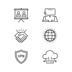 Obraz premium Minimalist business technology line icons, set of 6 vector symbols for VPN security and global networking, professional corporate communication graphics