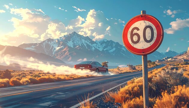 A speeding car on a desert highway with a speed limit sign
