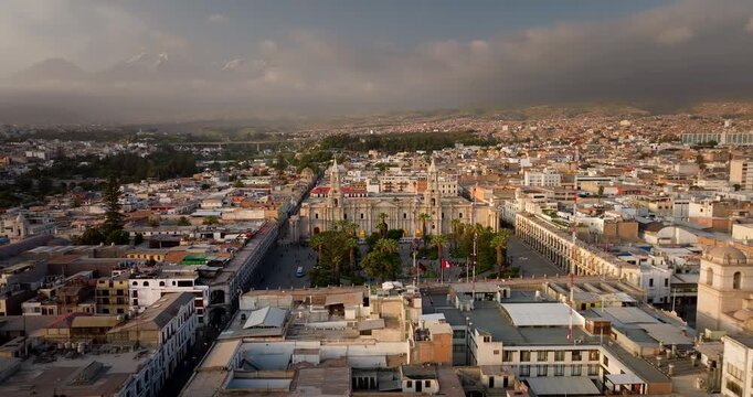 Sunset telephoto aerial view of Basilica Cathedral of Arequipa in Peru