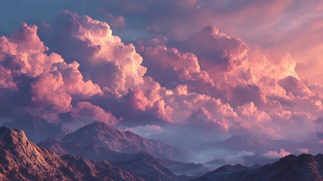 Dramatic sunset sky with pink clouds over majestic misty mountains. epic landscape. cinematic vist