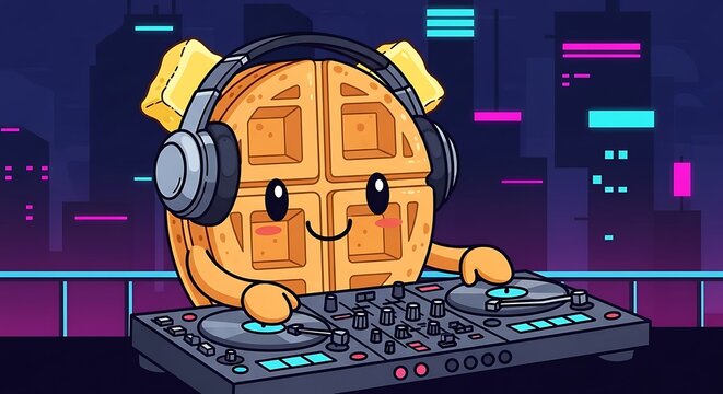 A cartoon waffle with butter pats on its head wearing headphones, DJing on a rooftop at night with city lights