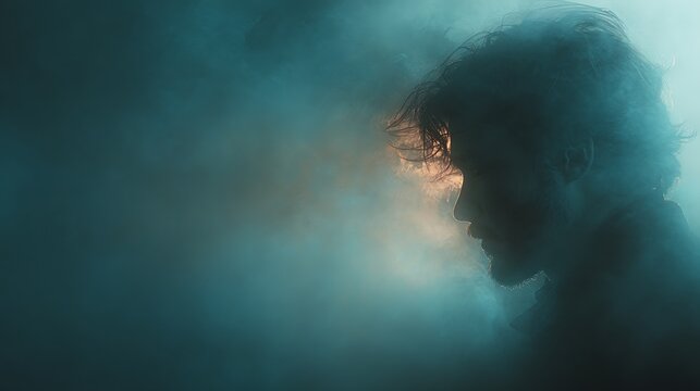 Mysterious Silhouette of a Man in Teal Fog and Golden Light. Dramatic Portrait with Textured Atmos