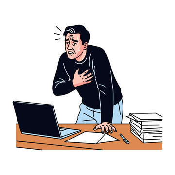 Frustrated businessman clutching chest at desk with laptop and stacked books in office stress concept