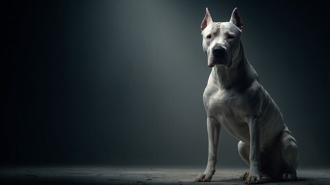 Majestic white dog sitting in a dark studio. posed with intense gaze and alert ears. dramatic ligh