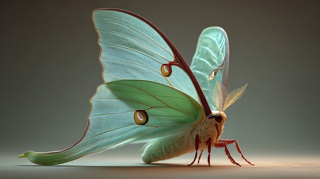 Close up of a light blue luna moth with prominent eye spots on wings. showing intricate wing veins