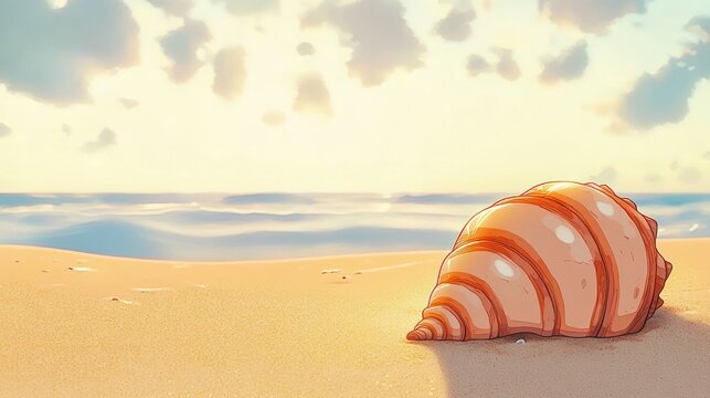 large spiral seashell resting on sunlit sandy beach with calm ocean, gentle waves and pastel cloudy sky conveying peaceful, serene and nostalgic mood