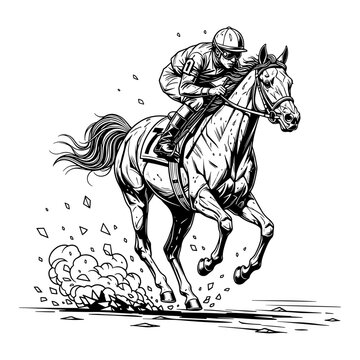 jockey riding galloping horse in dynamic steeplechase illustration with flying birds and dust