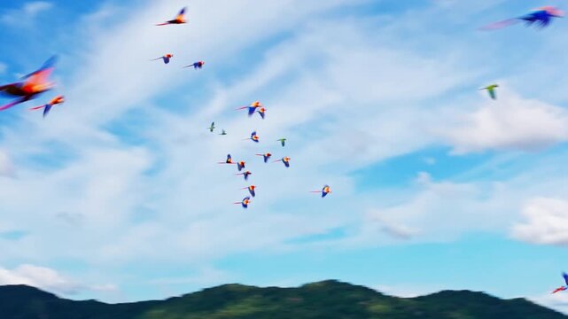 Aerial view of parrots flying across the sky, capturing vibrant feathers, coordinated movement, and the energy of wildlife in motion.