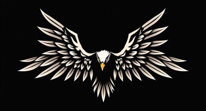 Black and white wings tattoo illustration featuring a tribal eagle bird silhouette and flying angel feather element as a symbolic vector design for art