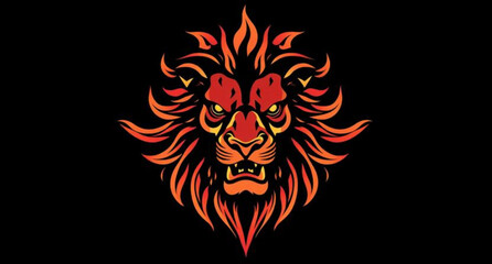 Fototapeta premium Powerful lion head mascot and winged tribal tattoo vector illustration featuring a scary gothic skull with fire flames and evil devil mask design