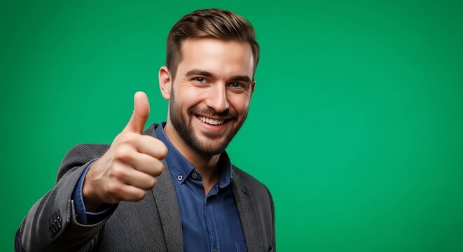 A handsome man with a beard and a suit smiles while giving a thumbs up gesture He appears happy and approving conveying a positive message with his expression and hand signal against a solid