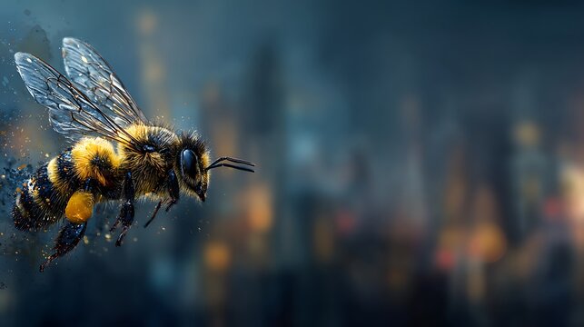 Detailed Macro Shot of a Bumblebee in Flight with Soft Bokeh Background