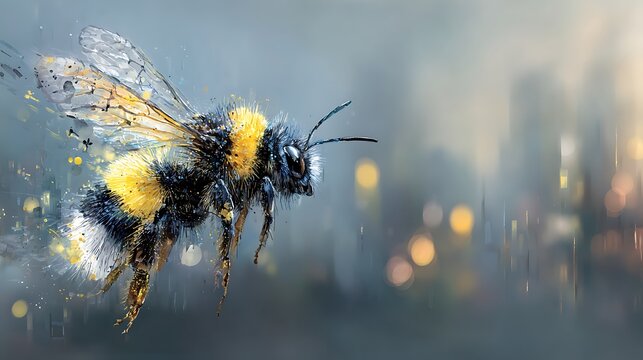 Artistic macro watercolor of a fuzzy bumblebee in flight with yellow and black stripes. against a