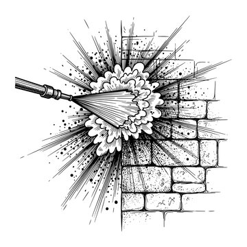 hand-drawn pencil sketch of exploding dandelion seeds on brick wall background