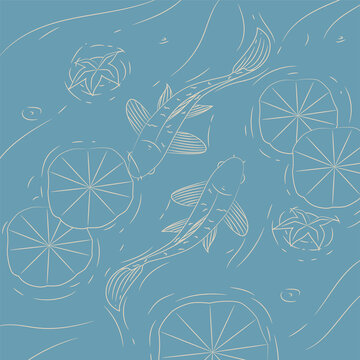 Seamless pattern of koi fish and water lilies in Japanese style with flowing lines.