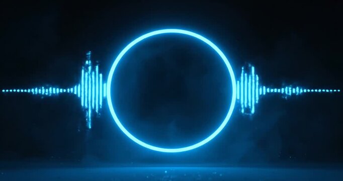 Futuristic audio visualization with glowing circular frame and sound wave patterns in dark background
