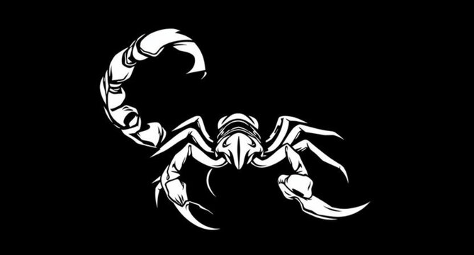 A black and white scorpion tattoo vector illustration features a poisonous arachnid silhouette with sharp claws designed as a zodiac scorpio sign isolated on a white background