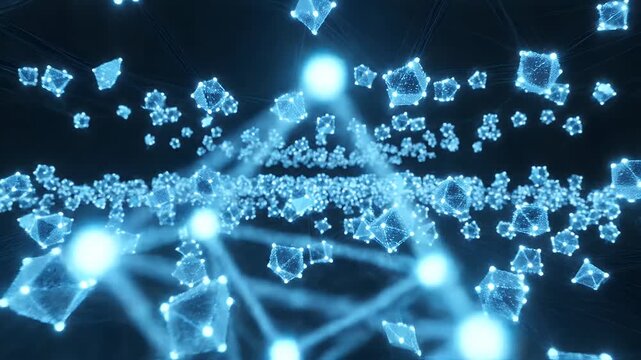 Abstract Blue Geometric Network - This video shows a network of glowing blue geometric shapes on a dark background, interconnected with thin lines.