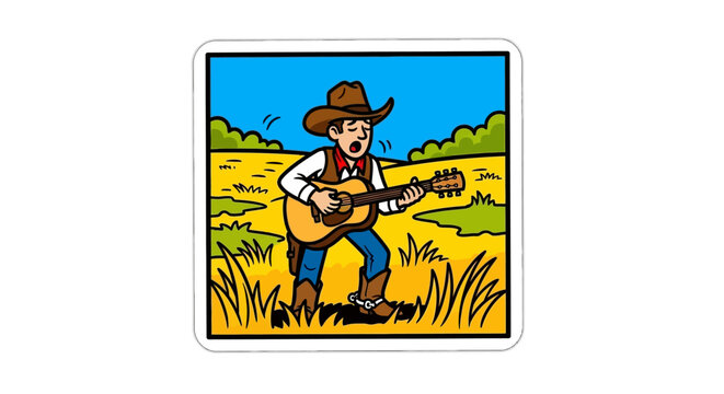 Cowboy sings and plays guitar in a field under a blue sky.