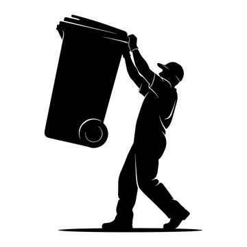 Silhouette of person carrying overfilled trash bag and suitcase walking on flat surface