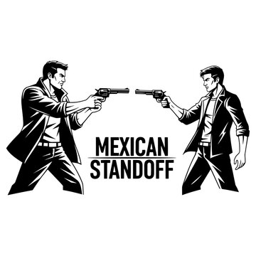Vintage Mexican Standoff Illustration with Two Men Holding Revolvers in Dramatic Duel Pose