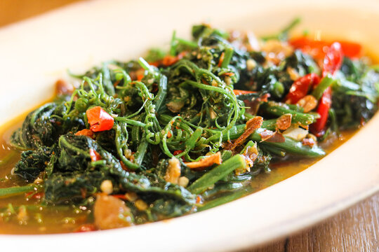Closeup of Pucuk Labu, a traditional Southeast Asian vegetable dish.
