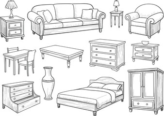 Hand drawn furniture collection set, vintage interior sketch illustration with home decor © MdMajnur